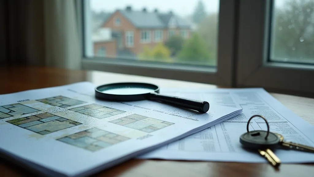 Dossier immobilier et plan d'appartement posés sur un bureau après la pluie