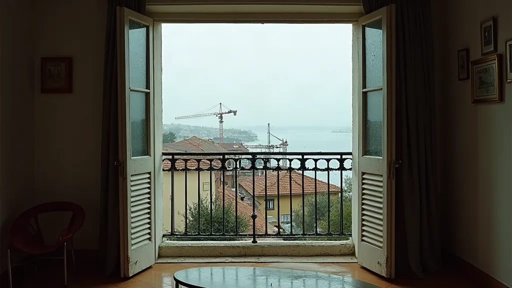 Intérieur d'appartement rénové avec vue sur les toits après la pluie à Toulon