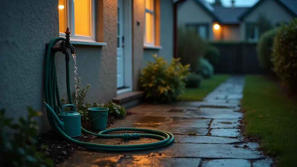 Combien de temps dure une coupure d'eau chez vous ? Robinet extérieur de jardin au crépuscule, illustration d'une coupure d'eau