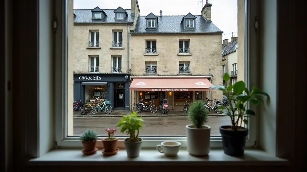 Vue depuis un appartement rennais sur une rue résidentielle sous un ciel couvert